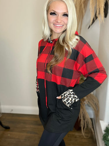Red Plaid Leopard Hoodie