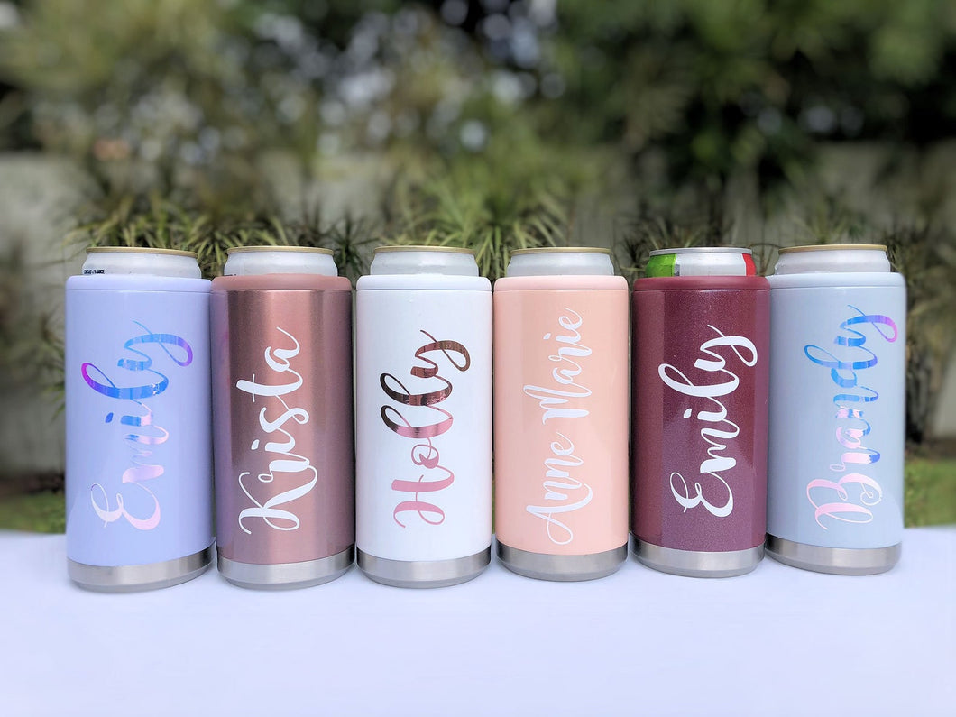 Personalized bridesmaid gift skinny can coolers